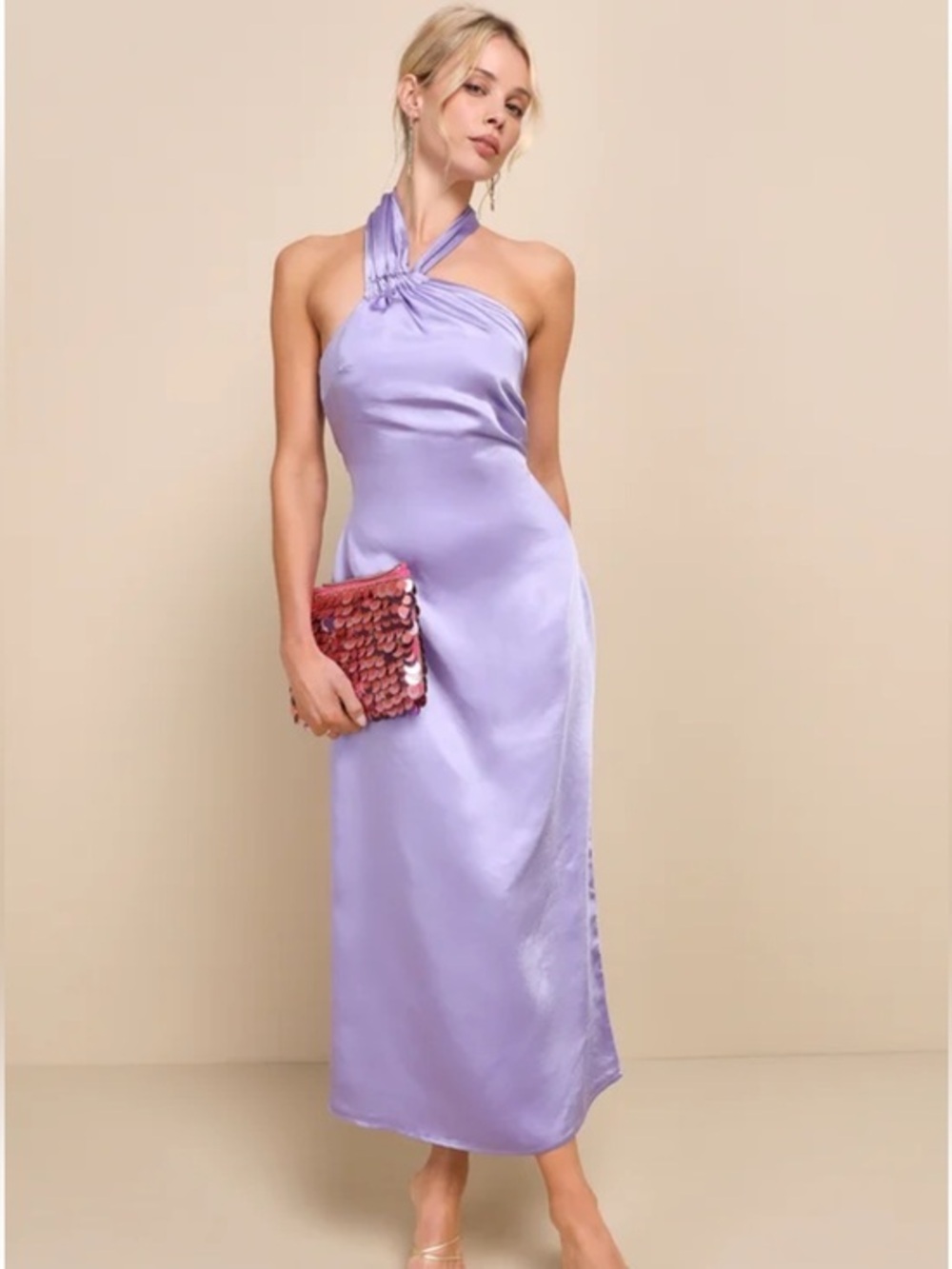 NWT Lulus Perfectly Sleek Lavender Satin Halter Slip Midi Dress